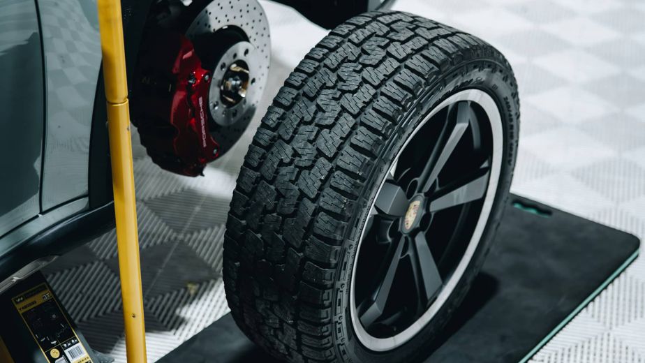 Tire and brake rotor removed from a car during a wheel service
