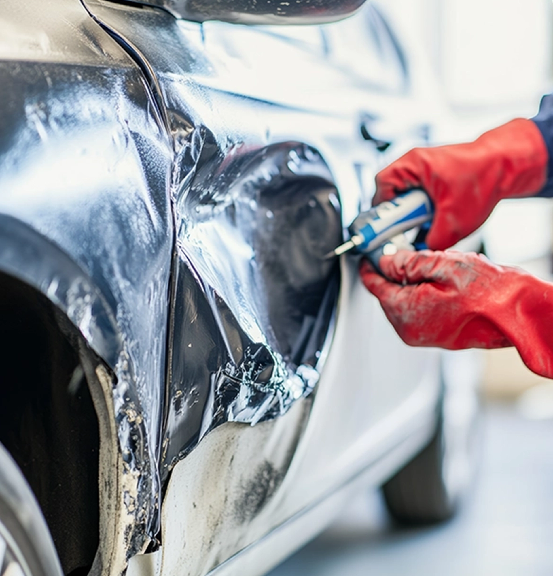 Technician repairing a dented car fender